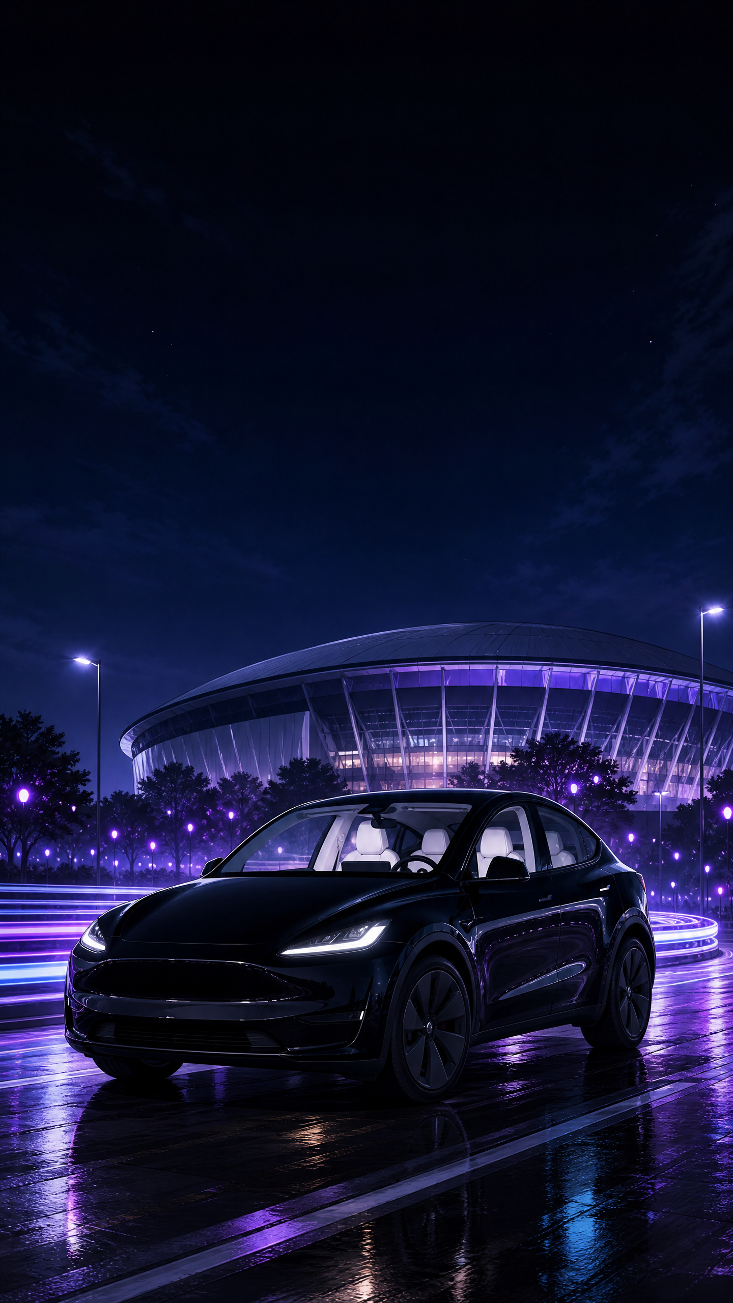 Original illustration of a black electric SUV outside a purple-lit concert stadium at night